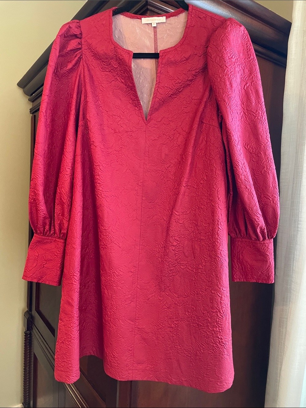 Elegant Textured Puff-Sleeve Dress in Berry red